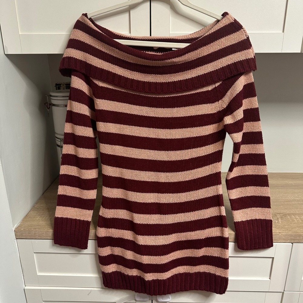 Y2K Grunge Off Shoulder Striped Sweater Dress Burgundy Women L Long Sleeve Tunic